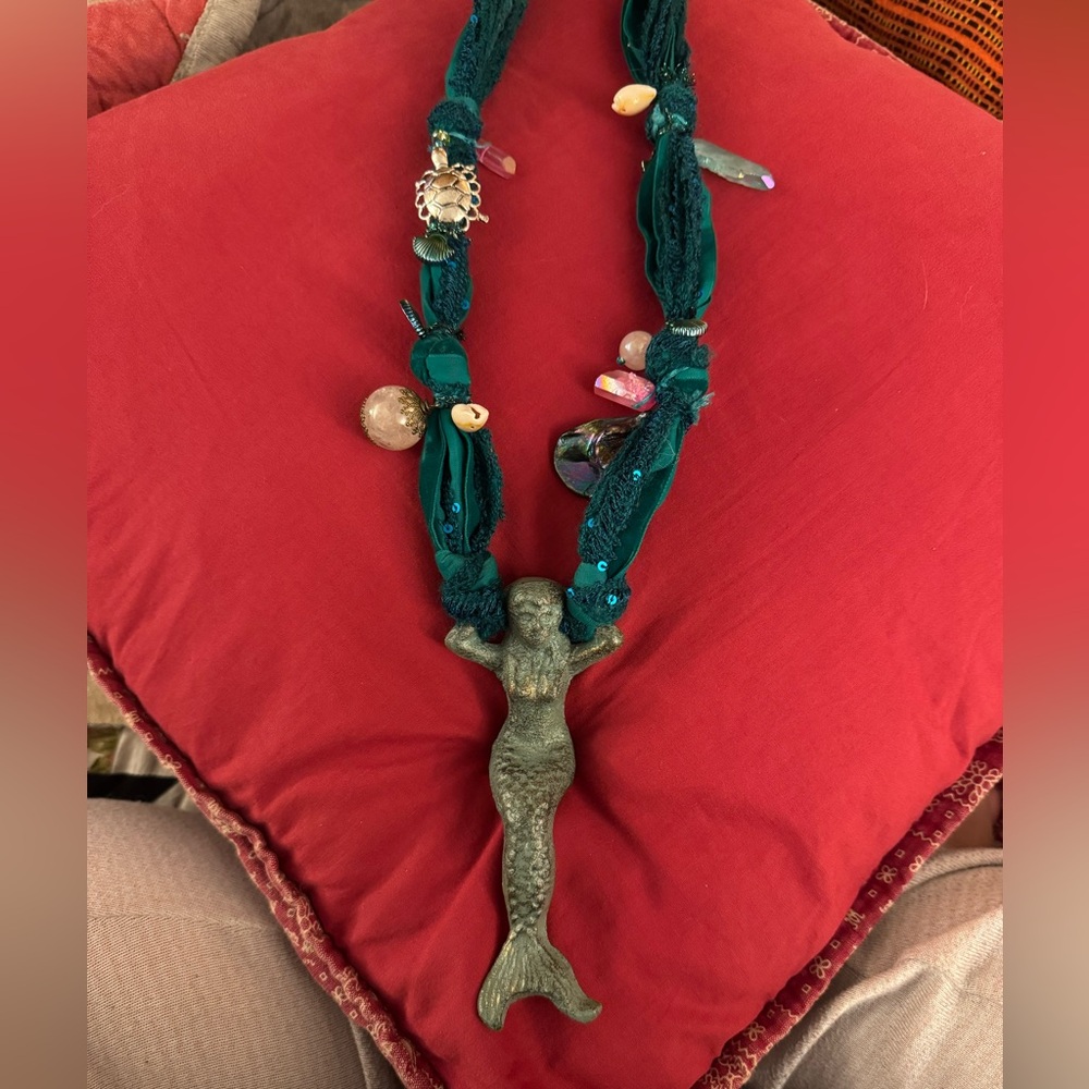 Unique Mermaid Pendant Necklace with Teal Fabric and Beads